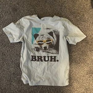 Graphic 'BRUH.' Bear Tee in Light Blue with Yellow Sunglasses